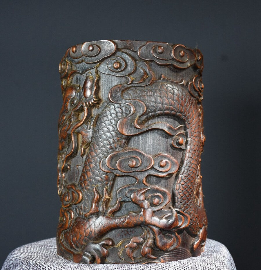 Old Chinese Bamboo Handcarved Dragon Jar Pots Pen Holder
