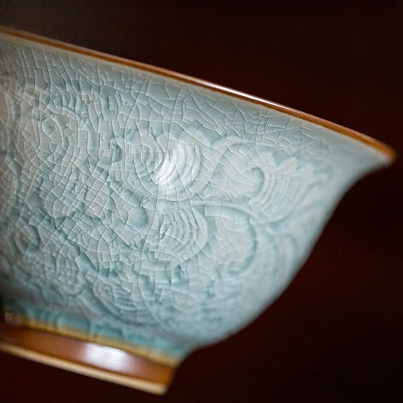 Glazed Relief Peony Gaiwan Tea Tureen Tea Cover Bowl Chinese Tea Set Craft