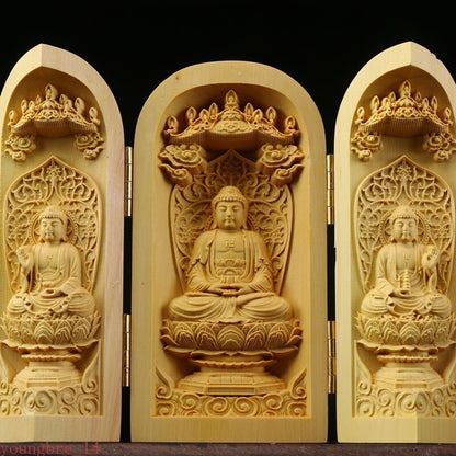 New Solid Wood Carving Three Open Buddha Statue Modern Art Sculpture Decorative