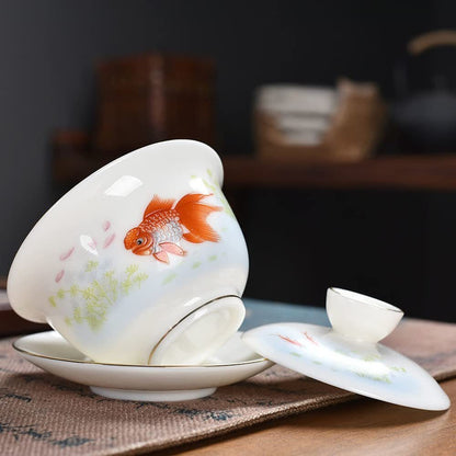 185ml Hand Painted Koi Pattern Gaiwan Teacup Bowl Kung Fu Tea Set Tureen