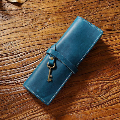 Pencil Case Genuine Leather Tie Rope W/Key Pen School Storage Bag Holder 20x18cm