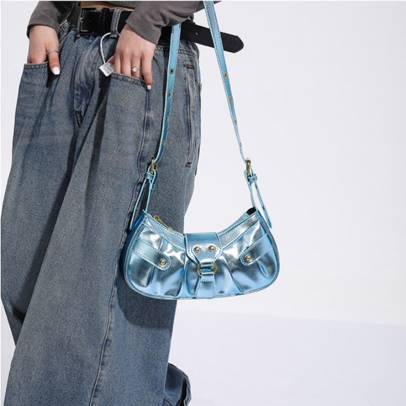 Leather Shoulder Bag Silver Pleated Rivets Handbags Crossbody Bags 26*14*6 CM