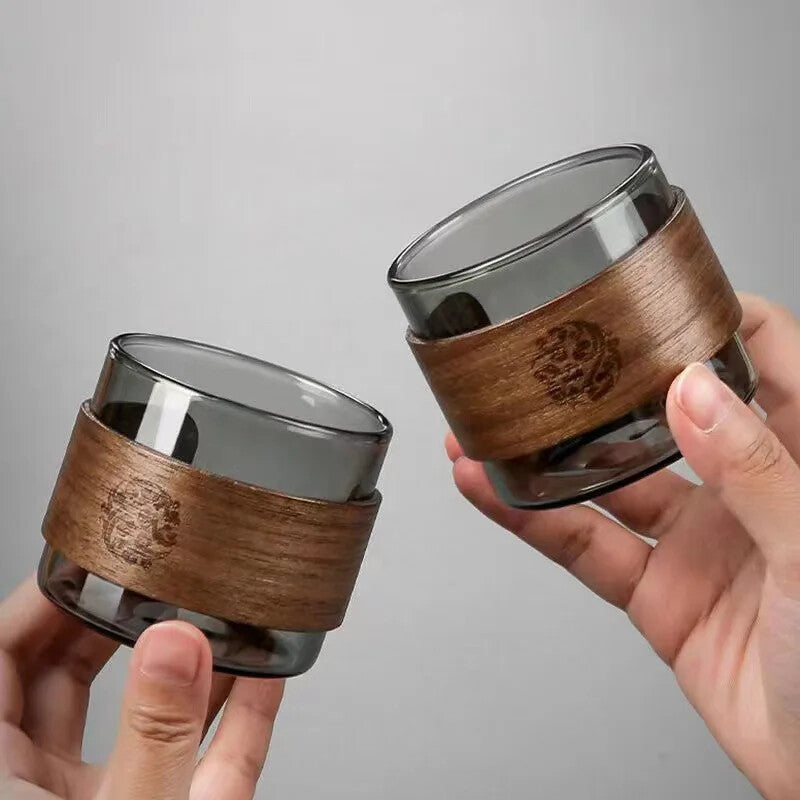 1pc Heat-resistant Glass Tea Cup Set With Wooden Holder Kungfu Tea Master Cup