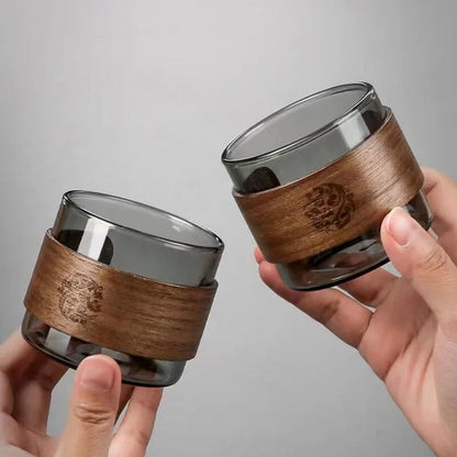 1pc Heat-resistant Glass Tea Cup Set With Wooden Holder Kungfu Tea Master Cup