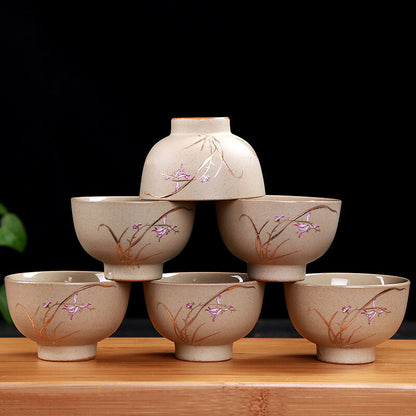 One Cup On Sales Ceramic Crude Pottery Tea Cup Orchid Floral Print Master Cup