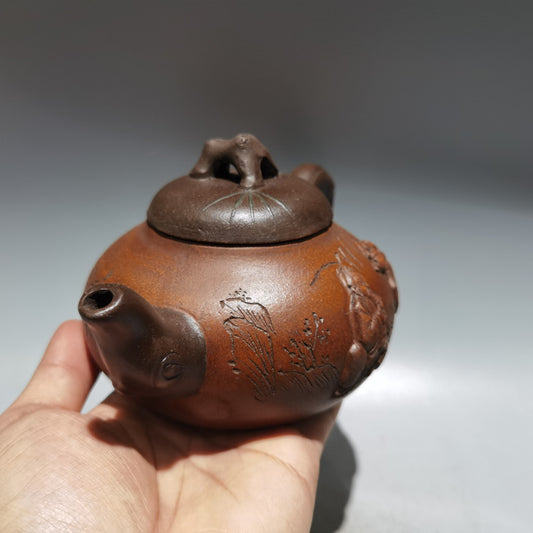 7" Chinese Yixing Zisha Pottery Gold Section Clay 380CC Hand Made Figure Teapot