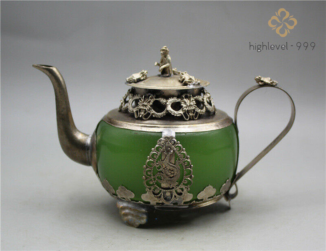China Old Tibetan Silver Inlay Jade Hand Carved Dragon Teapots Collection