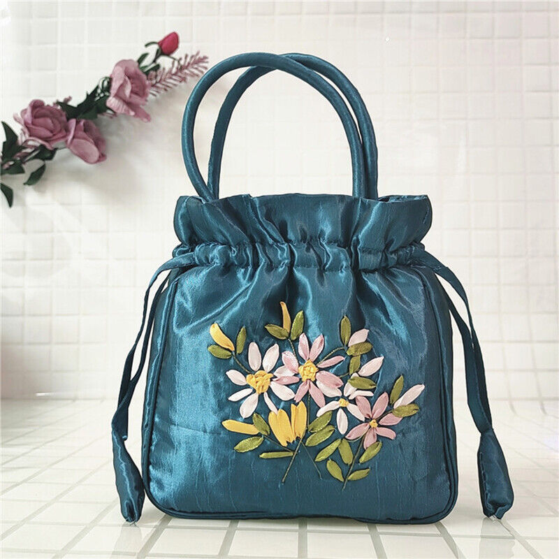 Women Ethnic Embroidered Floral Satin Handbag Girls Drawstring Tote Hanfu Bag