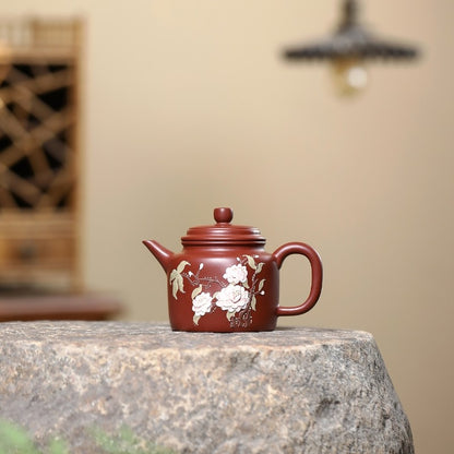 True Yixing Zisha Tea Pot Dahongpao Clay Floral Relief 9 Infuser Hole Marked Pot