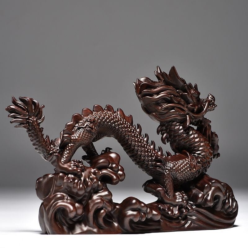 8" Ebony Wood Carved Dragon Statue Chinese Feng Shui Home Decor