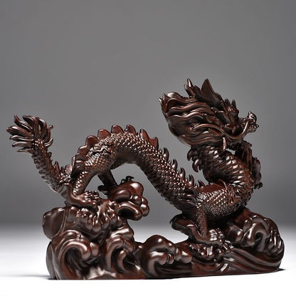 8" Ebony Wood Carved Dragon Statue Chinese Feng Shui Home Decor