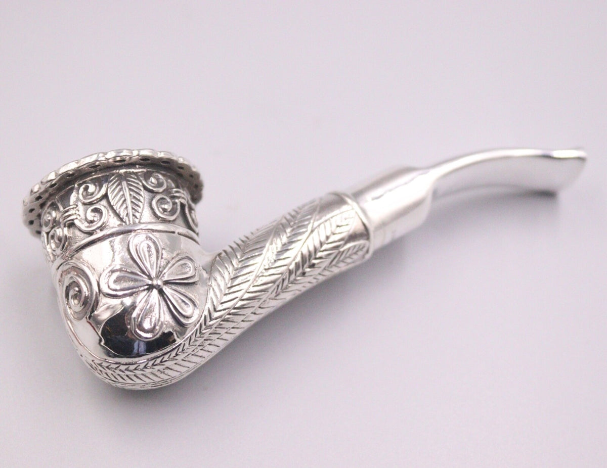 Silver Tobacco Pipe Men Carved Flower Leaf Pattern Pipe 88g
