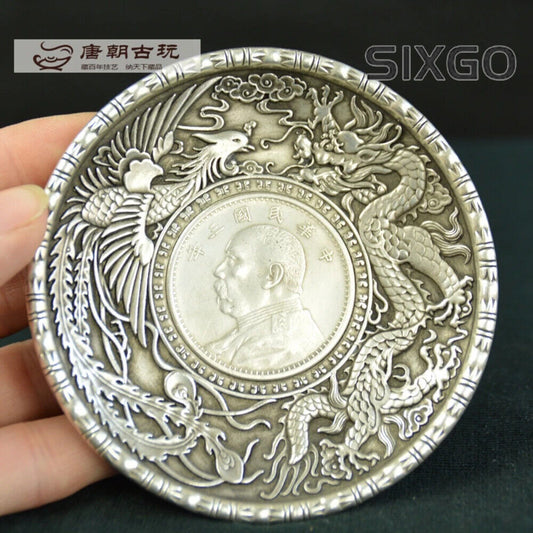 Chinese Tibet Silver Dragon and Phoenix Statue Yuan Big Head Silver Dollar Plate