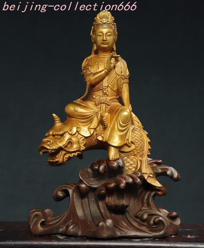 12'' Tibet Bronze Gilt Ride Dragon Fish Kwan-Yin GuanYin Goddess Buddha Statue