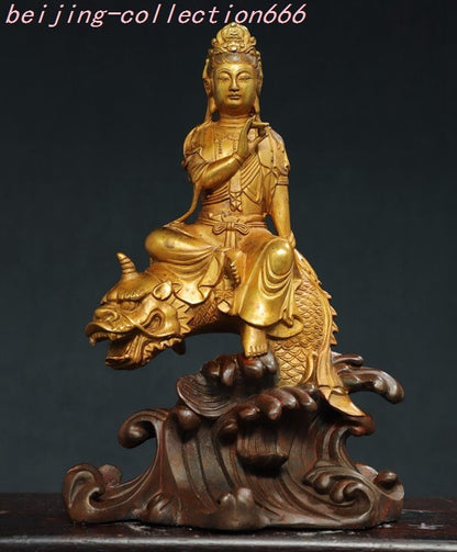 12'' Tibet Bronze Gilt Ride Dragon Fish Kwan-Yin GuanYin Goddess Buddha Statue
