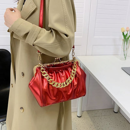 Shoulder Bag Pleated Bag Thick Chain Clip Handbags Satchel Leather Crossbody Bag