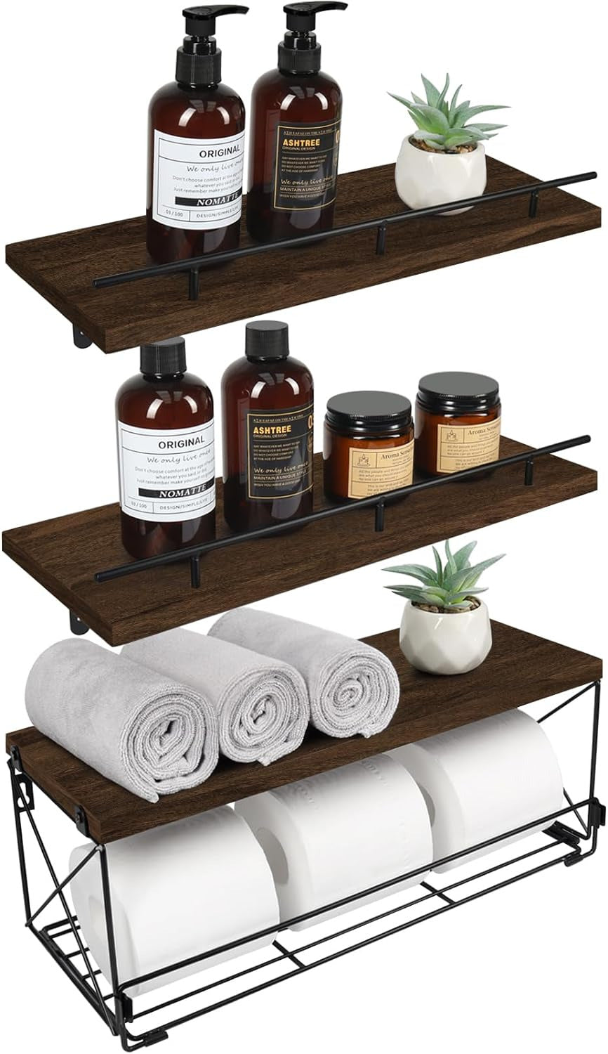 Rustic Wooden Bathroom Floating Shelves with Storage Baskets Wall Mounted (3+1)