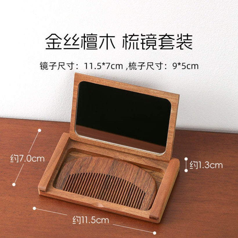 Wooden Folding Mirror 11.5×7cm with Comb Portable Mini Makeup Mirror for Women