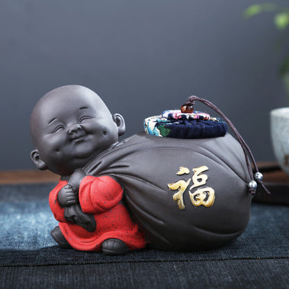 Small Tea Canister With Sealed Lid Yixing Zisha Purple Clay Buddha Statue Caddy