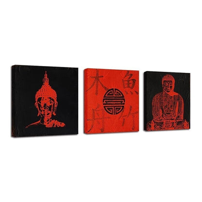 Buddha Black Red 3 Piece Canvas Print Wall Art Poster Home Decoration