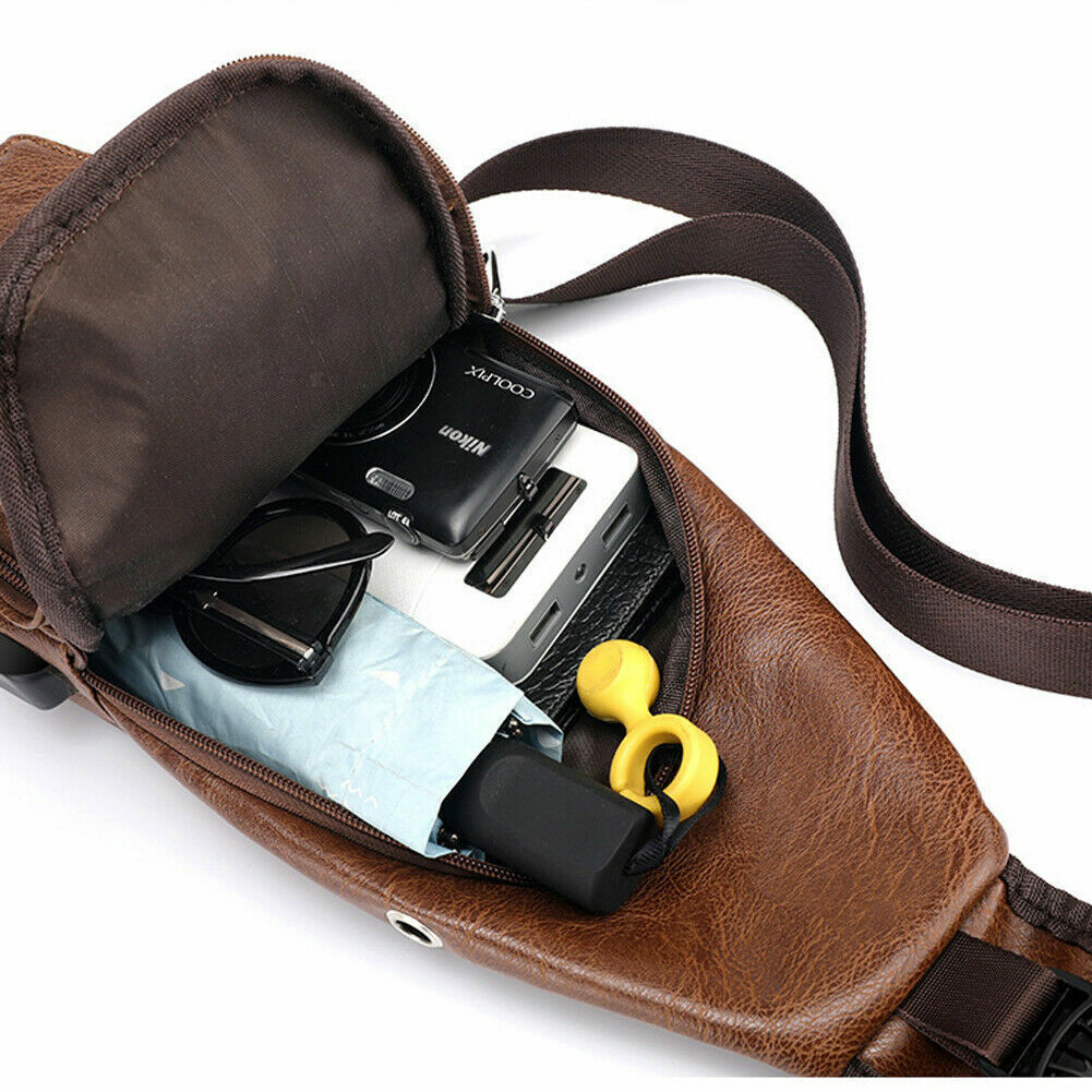 Men's Leather Chest Bag Shoulder Pack USB Charging Port Crossbody Handbag