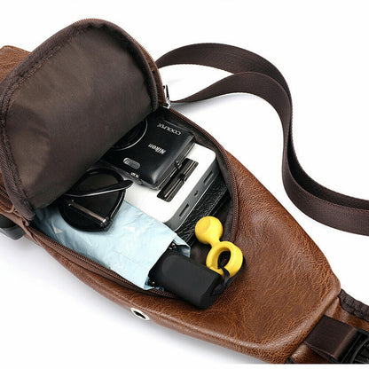 Men's Leather Chest Bag Shoulder Pack USB Charging Port Crossbody Handbag