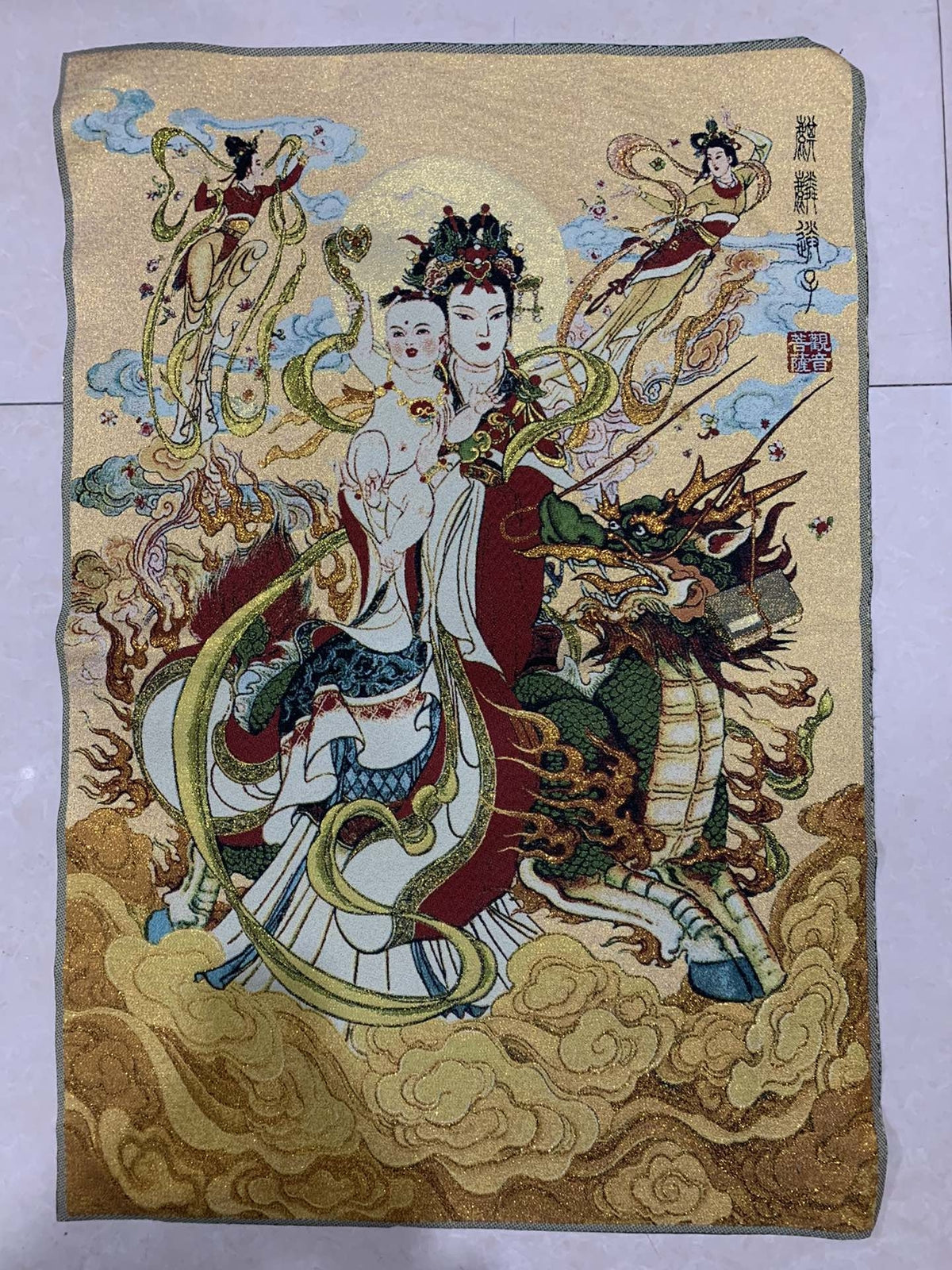 36" China Cloth Silk Send Son Guanyin Mural Wall Hanging Tapestry Tangka