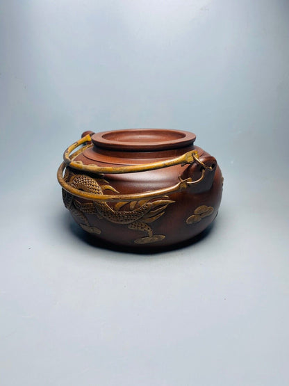 Chinese Yixing Zisha Clay Handmade Exquisite Teapot （大扁铜提梁双龙壶 底款：时大彬）