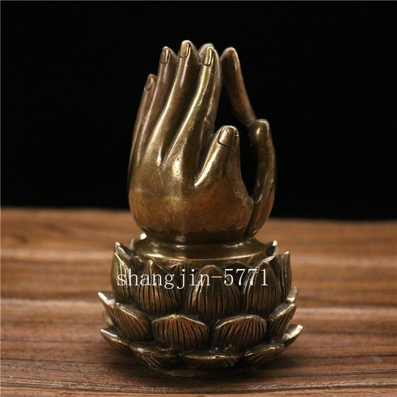 Tibet Bronze Buddhist Lotus Pray Buddha Hand Statue Box Incense Burner Censer