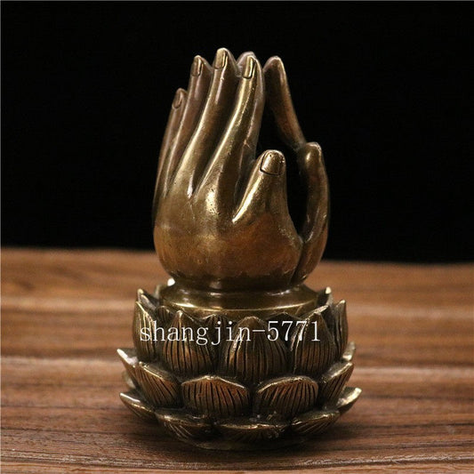 Tibet Bronze Buddhist Lotus Pray Buddha Hand Statue Box Incense Burner Censer