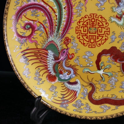 Old Chinese powder color porcelain Dragon phoenix pattern plate yellow Qianlong
