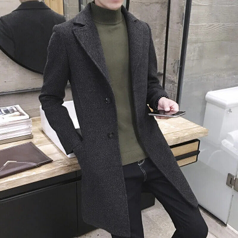 Men's Long Casual Top Coats Warm Coat Lapel Collar Overcoat Windbreaker