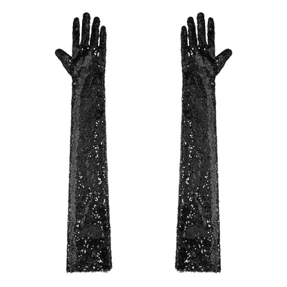 Women Gloves Vintage Shiny Sequin Finger Elbow Length Long Mittens Opera Costume