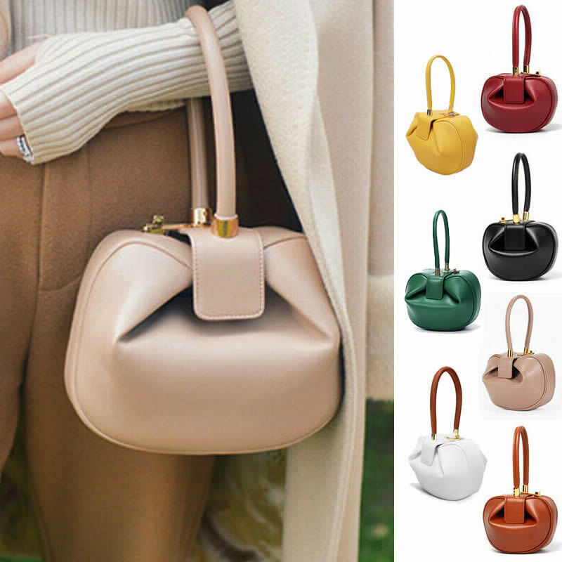 Real Leather Wonton Round Pouch Clutch Purse Top Handle Tote Handbag Grab Bag