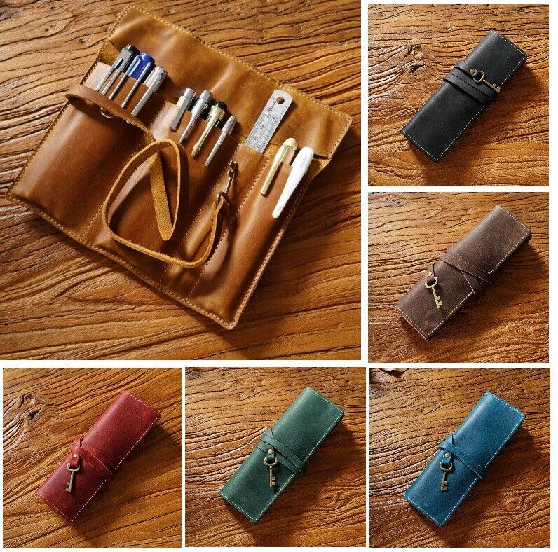 Pencil Case Genuine Leather Tie Rope W/Key Pen School Storage Bag Holder 20x18cm