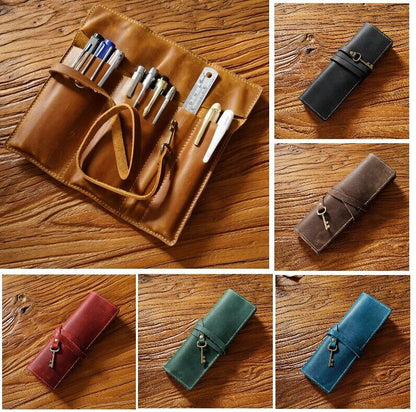 Pencil Case Genuine Leather Tie Rope W/Key Pen School Storage Bag Holder 20x18cm