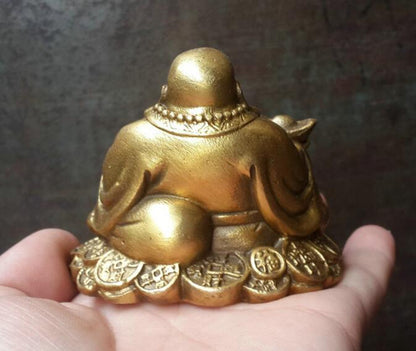 2.9inch Copper Buddhism Wealth Yuanbao Laugh Maitreya Buddha Statue Decoration