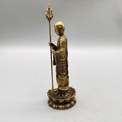 Vintage Bronze Kṣitigarbha Buddha Statue - Standing Figure with Khakkhara