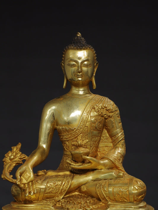 11" Old Antique Tibetan Buddhism Temple Bronze 24k Gilt Medicine Buddha Statue