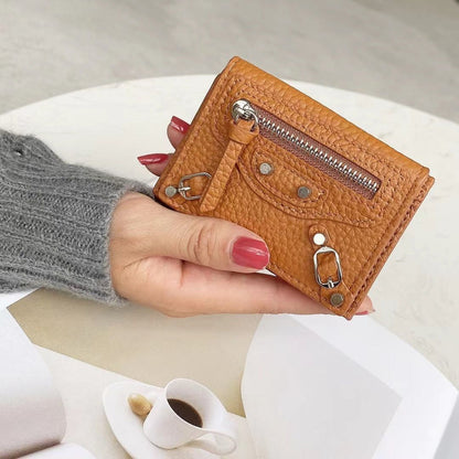 Short Wallets Genuine Leather Trifold Purse Cool Rivet Decorations 9.5*6.5*2.5CM