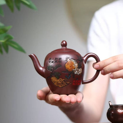 Handmade Craft Original Ore Real Yixing Zisha Purple Clay Tea Pot Floral Relief