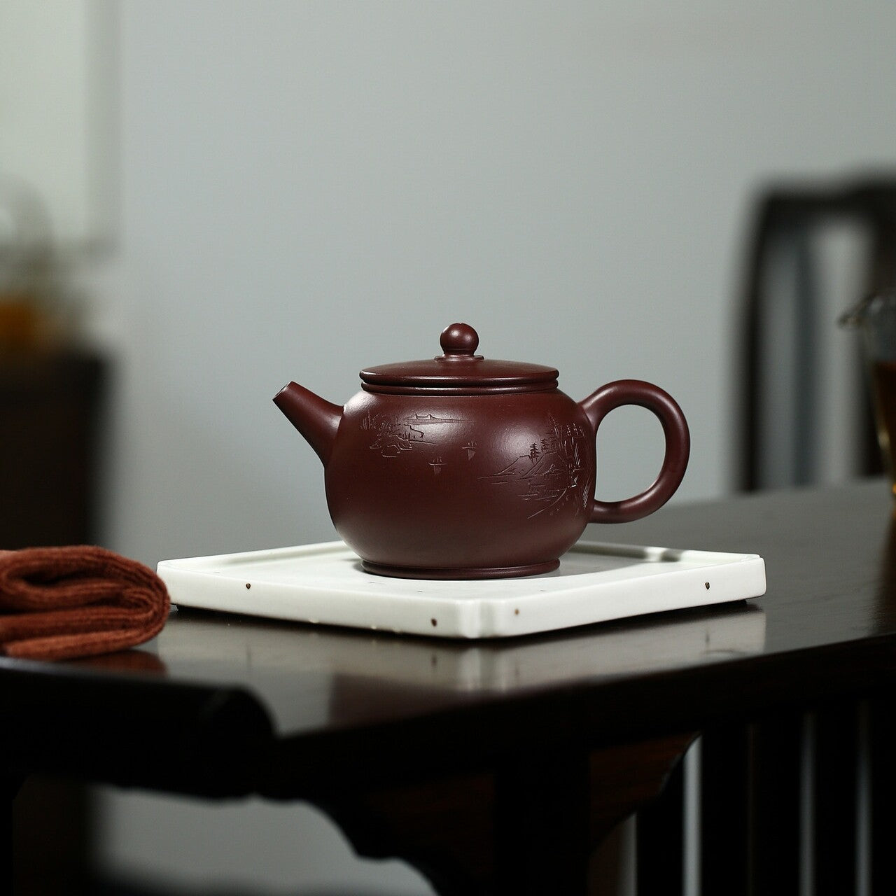Handmade Tea Pot Marked Bamboo Carved Chinese Yixing Zisha Pot Purple Clay China