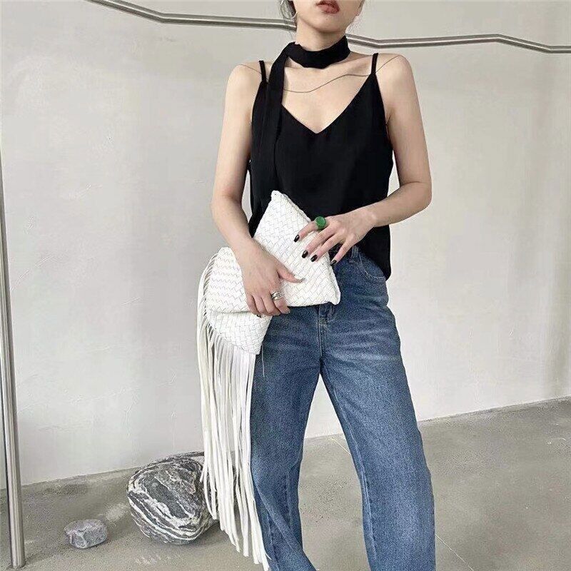 Tassel Clucth Bags Women Leather Woven Lady Handbags Bag Large Party Female