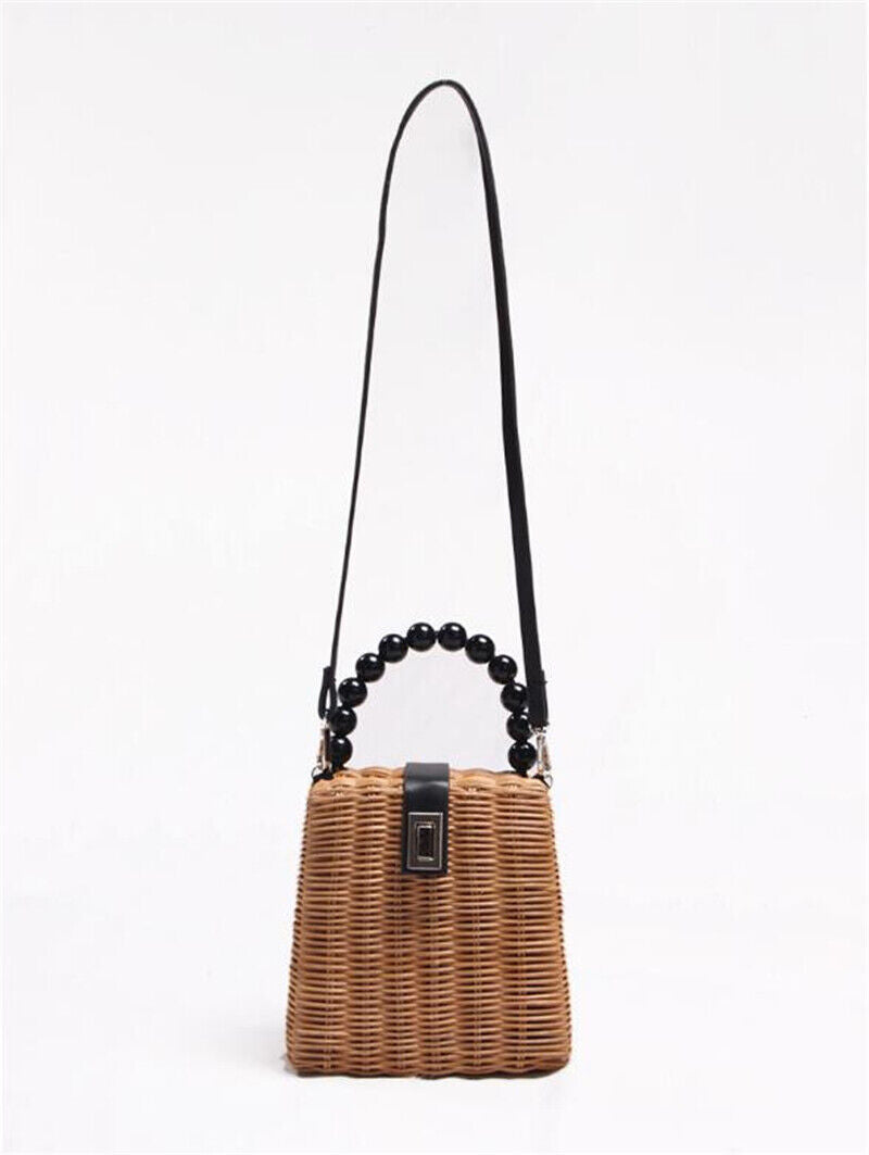 Summer New Straw Rattan Bag for Women Beaded Handle Seaside Beach Crossbody Bag