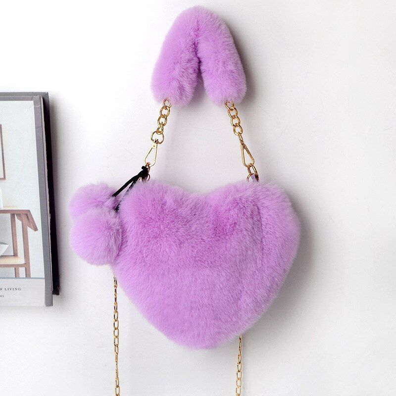 Faux Fur Winter Handbag Heart Shape Shoulder Bag Clutch Purse Chain Velvet Pouch