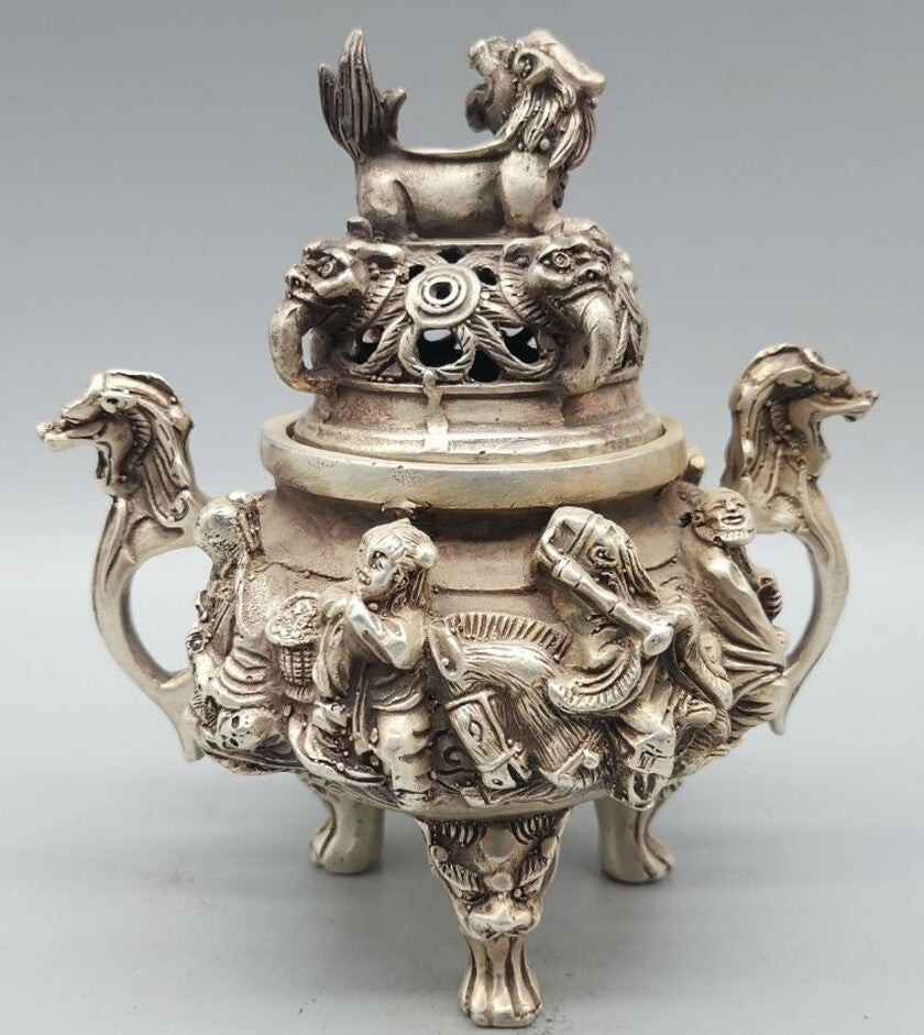 Stamp Tibet Silver Dragon Lion 8 God Tripod Incense Burner Censer Statue