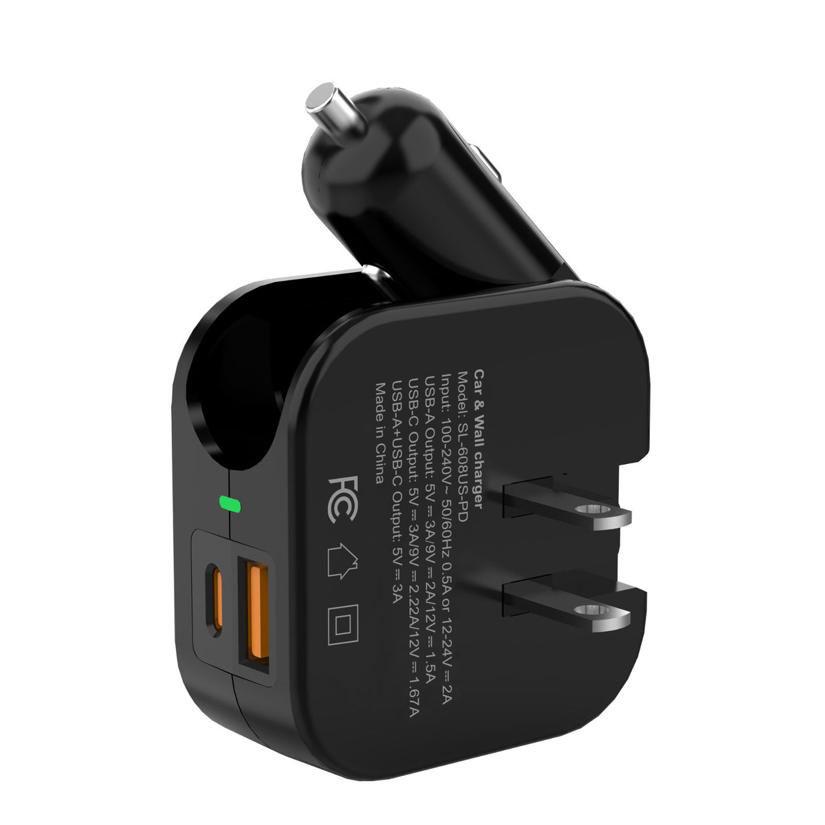 TRON Car & Wall Charger Foldable Travel Charger , 36W Dual USB-C & USB-A