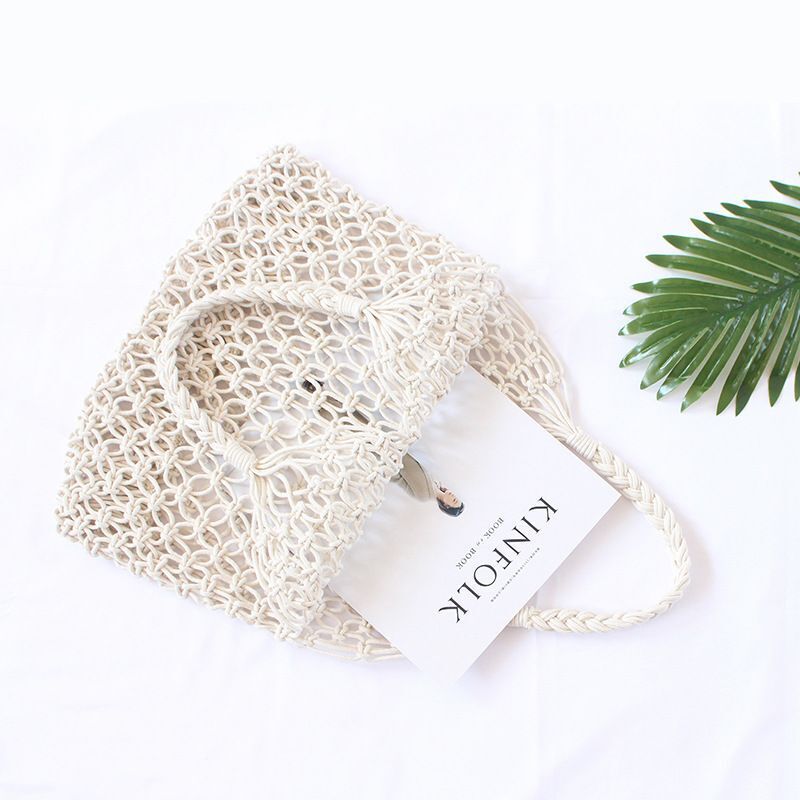 Summer Woven Beach Bag Handmade Hollow Out Straw Bag Tote Cotton Rope Crochet