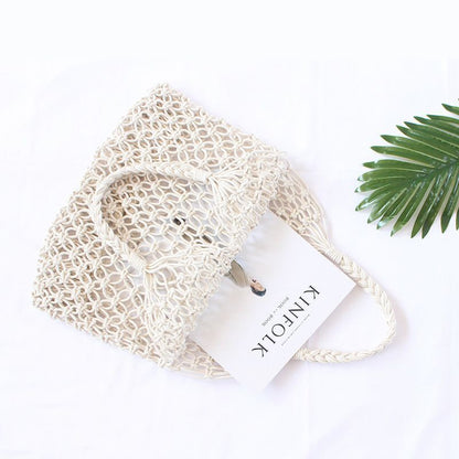 Summer Woven Beach Bag Handmade Hollow Out Straw Bag Tote Cotton Rope Crochet
