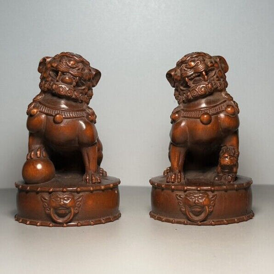 Vintage Chinese Wooden Carved Exquisite A Pair Lion Statue Animal Figurine Decor